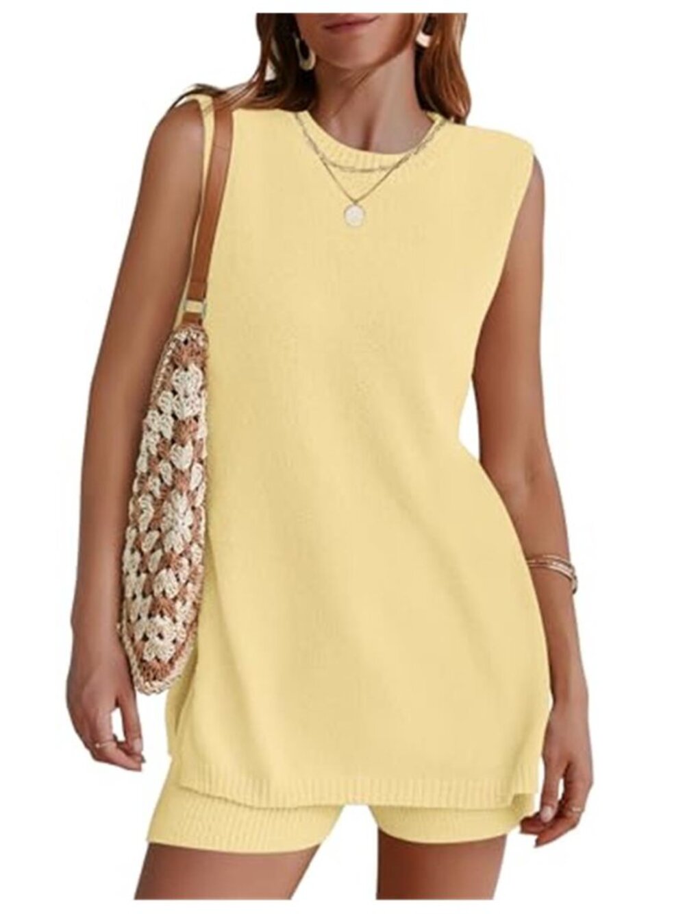 NENONA Yellow Sleeveless Sweater Lounge Set Knit Tunic Top & Shorts Set
